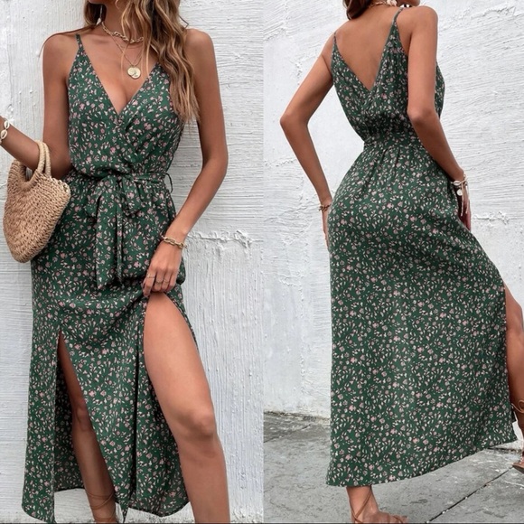 Boho Blue Floral Ditsy Print Split Hem Cami Belted Maxi Dress - Picture 4 of 6